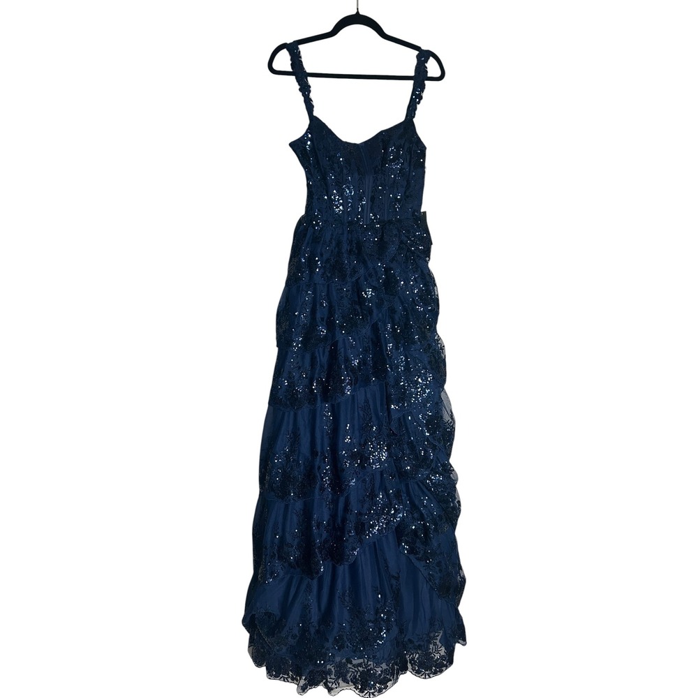 Blondie Nites "Hailey" Lace Tiered Ballgown 6126BN NVY Size 7